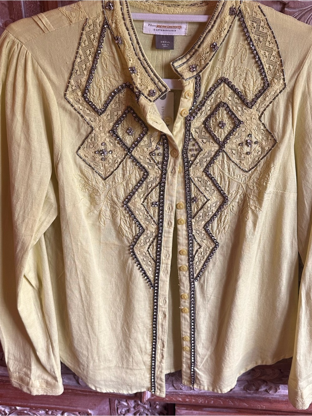 Pilcro Yellow Beaded Collar Button-Up Blouse